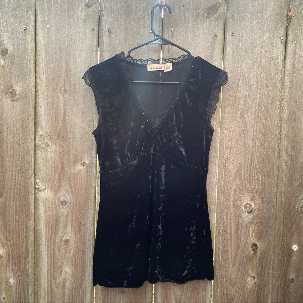 Vintage‎ Y2K DKNY Jeans Black Velour Lace Beaded V-Neck Top | Small